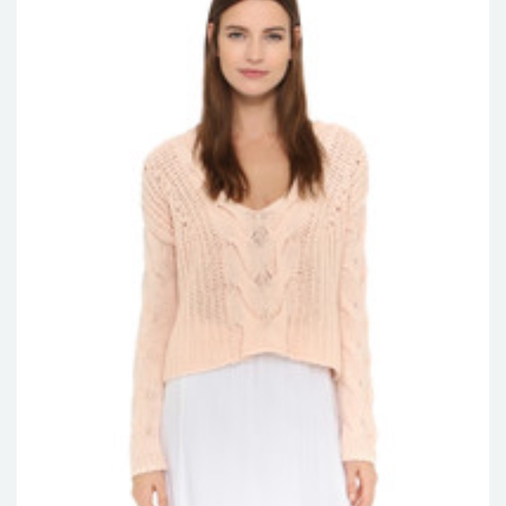 Tess Giberson V-Neck Cable Knit Sweater - Soft Pink